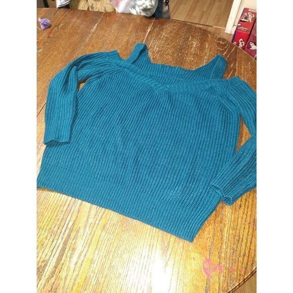 Medium Teal Cold Shoulder Long Sleeve Deep Vneck Oversized Pullover Knit Sweater - Picture 1 of 4
